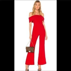 Revolve By The Way. Red Off shoulder Flare leg Aubrey Jumpsuit Size Small